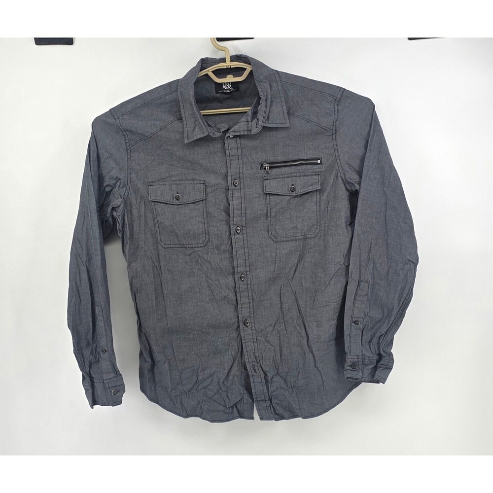 Rock & Republic Men XL Shirt Grey Long Sleeve Button Down Utility Zipper Pocket
